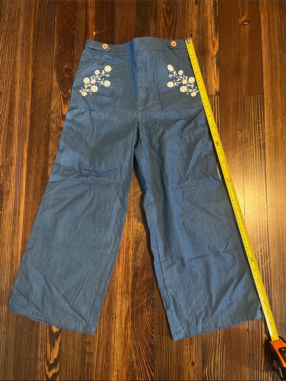Blue Embroidered Wide-Leg Girls' Chambray Pants